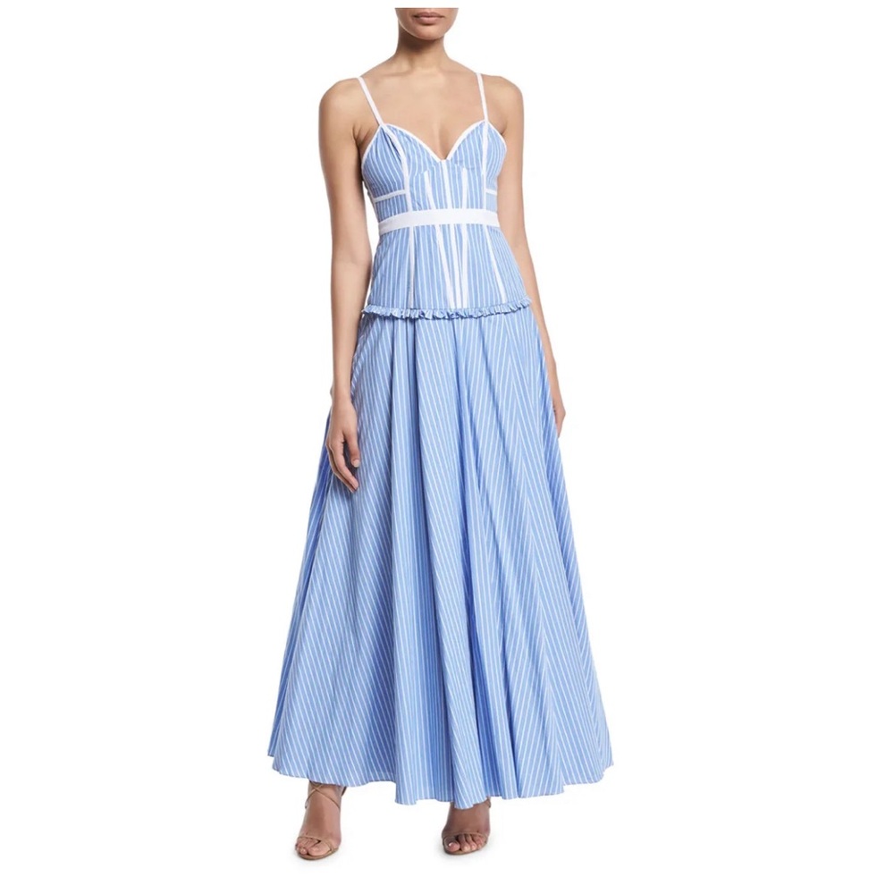 FAME AND PARTNERS MORROW STRIPE CORSET GOWN IN PALE BLUE/ WHITE STRIPE